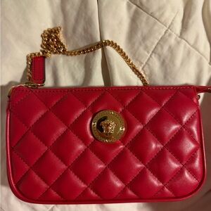 Versace Red Quilted Clutch with Gold Medusa Medallion